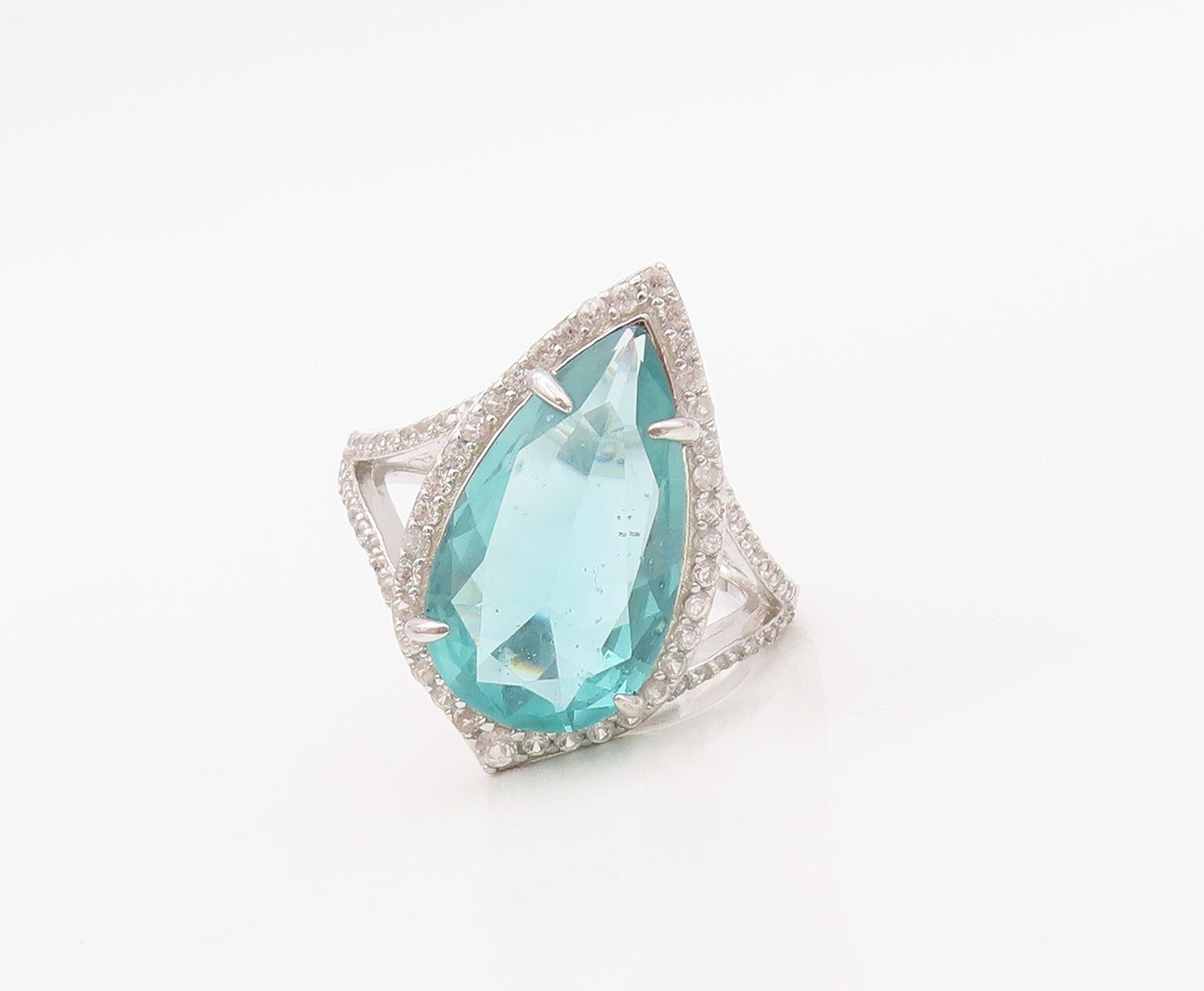 925 Sterling Silver Vintage Ring Drop Cut Sea Blue & White CZ  Sz 7  RG30649