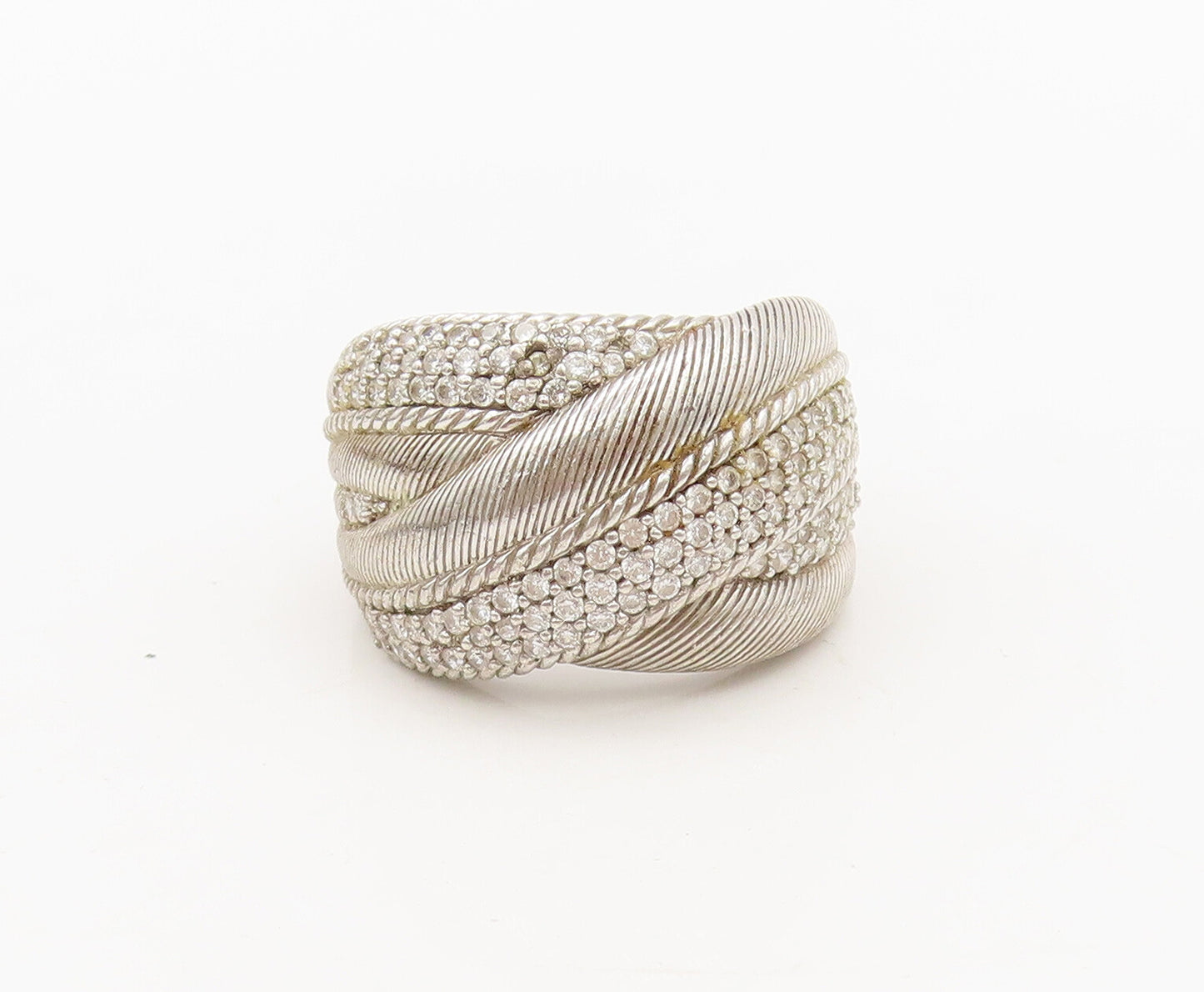 JUDITH RIPKA 925 Sterling Silver  Vintage Staked Rope CZ Ring Sz 8  RG27071