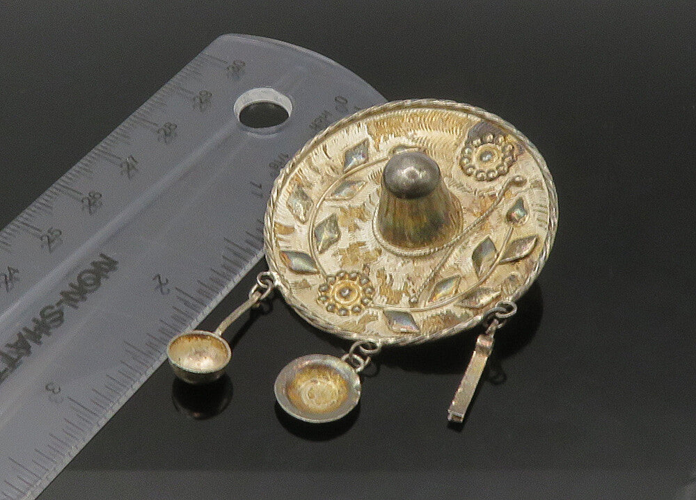 MEXICO 925 Sterling Silver  Vintage Floral Sombrero Hat Brooch Pin  BP8694