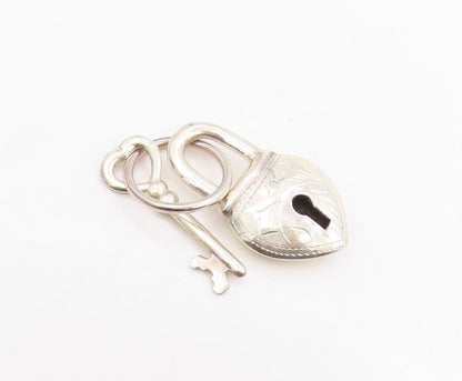 925 Sterling Silver Vintage Pendant Etched Heart Shaped Padlock & Key  PT25764