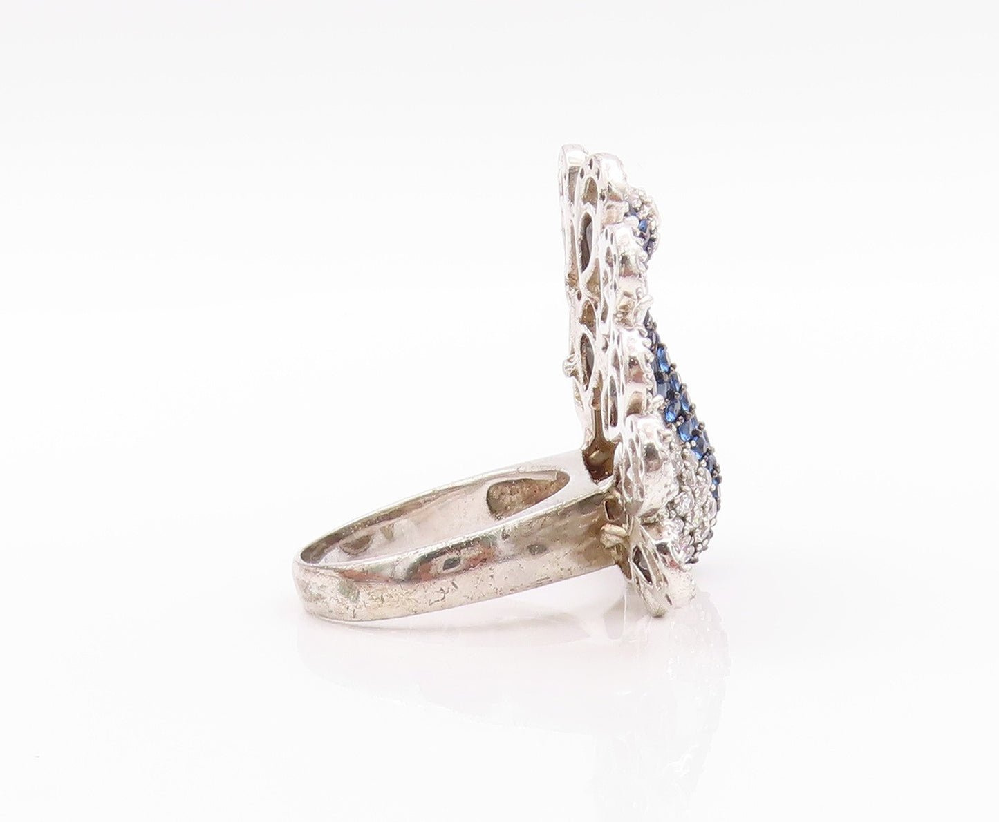 925 Sterling Silver Vintage Ring White Blue CZ & Spinel Peacock  Sz 9  RG32646