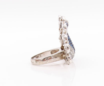 925 Sterling Silver Vintage Ring White Blue CZ & Spinel Peacock  Sz 9  RG32646