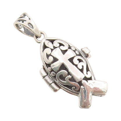 925 Sterling Silver Vintage Pendant Etched Swirly Cross Fish Box Charm  PT24583
