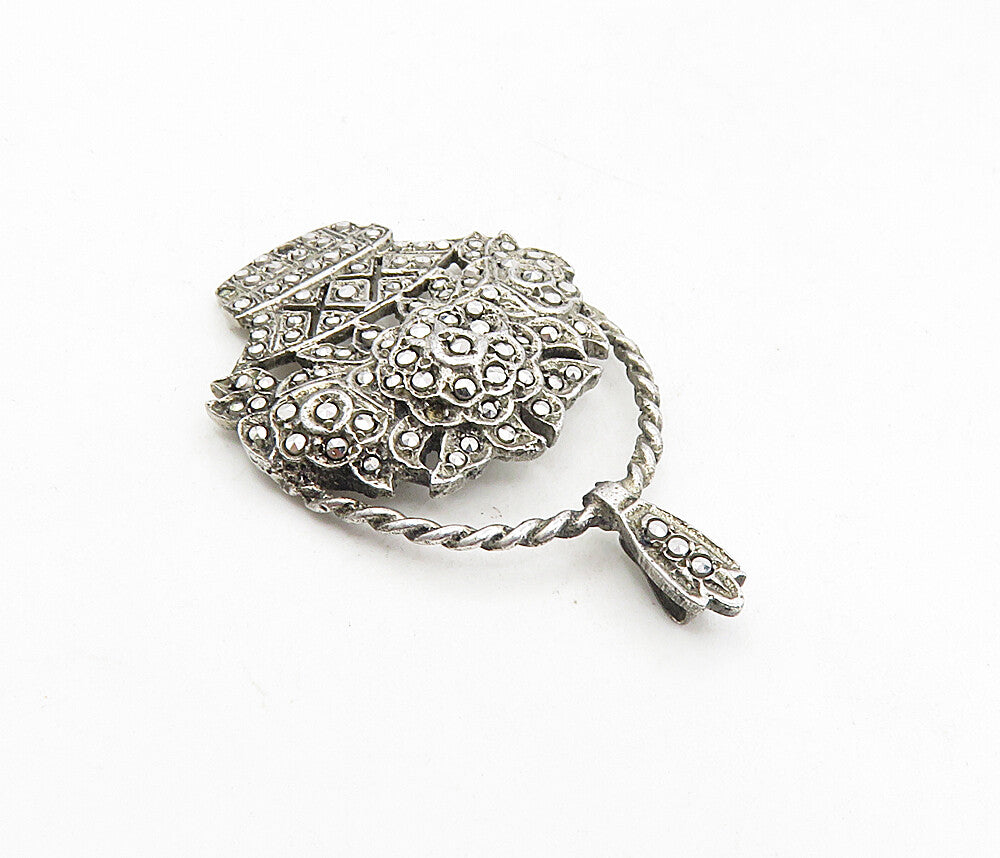 925 Sterling Silver  Vintage Sparkling Flower Basket Motif Pendant  PT6398