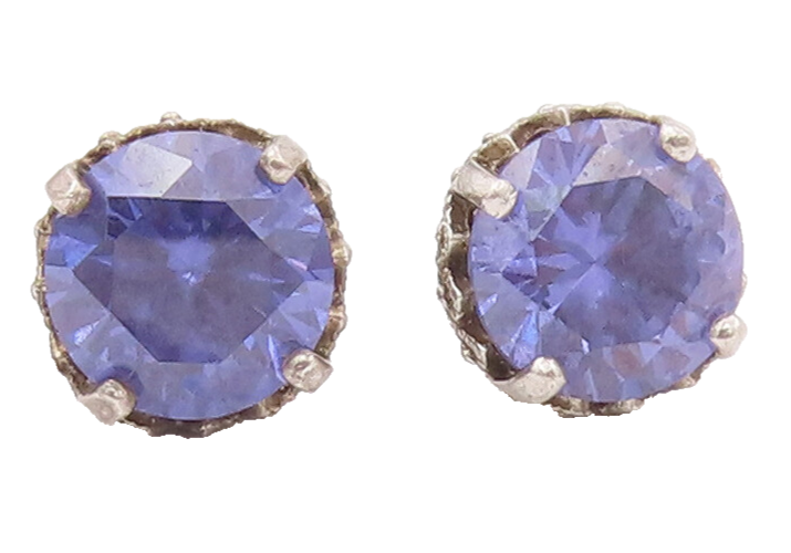 925 Sterling Silver Vintage Earrings Round Cut Purple CZ Carved Studs  EG12901