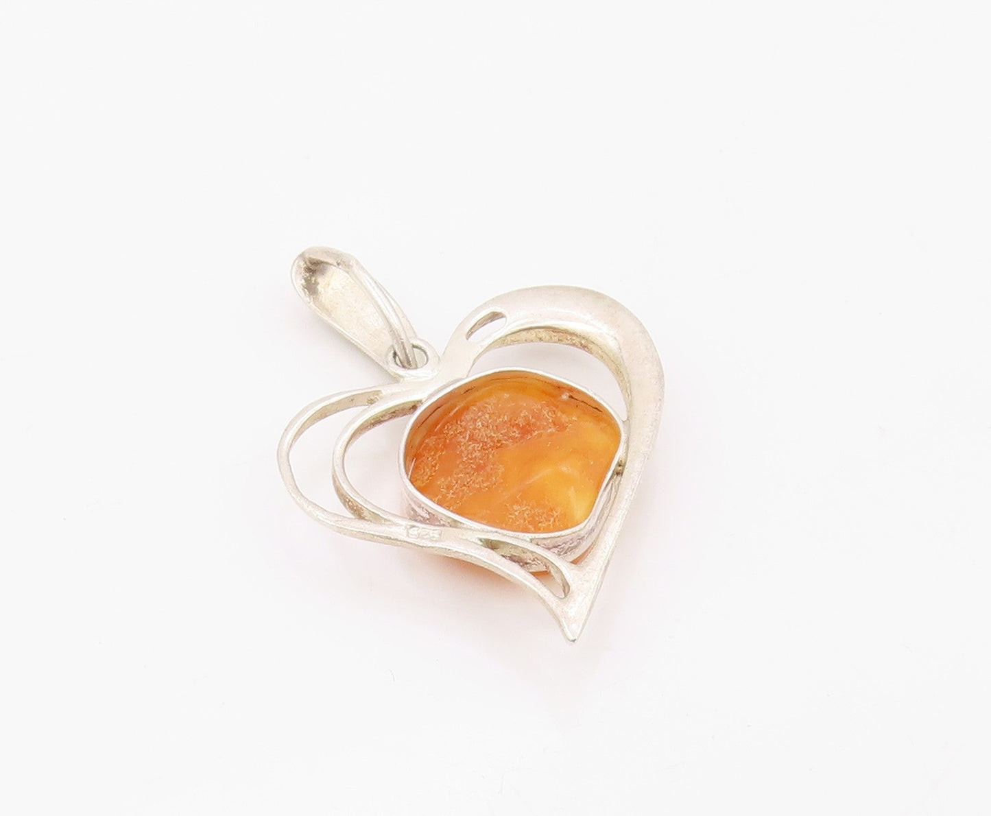 925 Sterling Silver Vintage Pendant Butterscotch Amber Love Heart Charm  PT26334