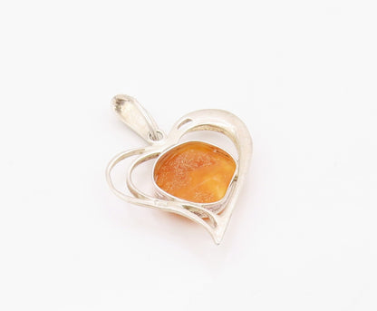 925 Sterling Silver Vintage Pendant Butterscotch Amber Love Heart Charm  PT26334