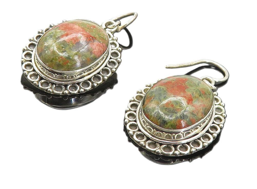 925 Sterling Silver  Vintage Unakite Circle Border Dangle Earrings  EG3557