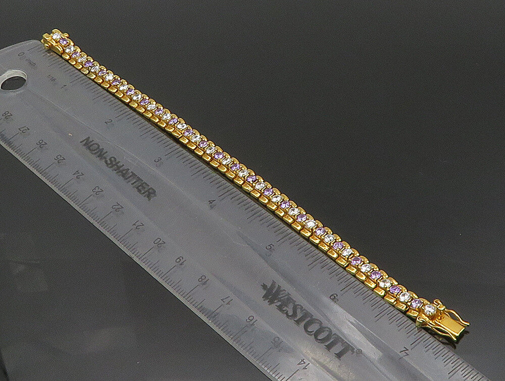 925 Sterling Silver Vintage Amethyst & Topaz Gold Plated Chain Bracelet BT9348