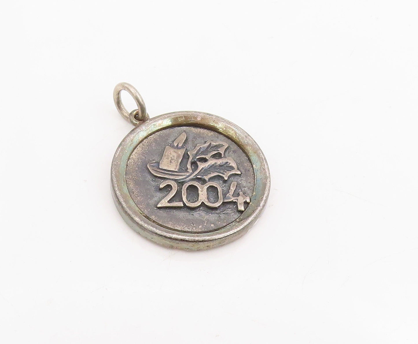 925 Sterling Silver Vintage Pendant 2004 Christmas Candle Holly Charm  PT25339