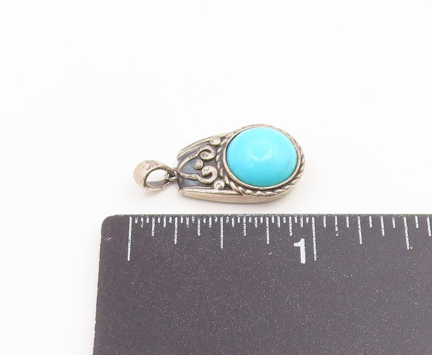 925 Sterling Silver Vintage Pendant Cabochon Turquoise Scrollwork Charm  PT26546