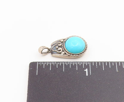 925 Sterling Silver Vintage Pendant Cabochon Turquoise Scrollwork Charm  PT26546