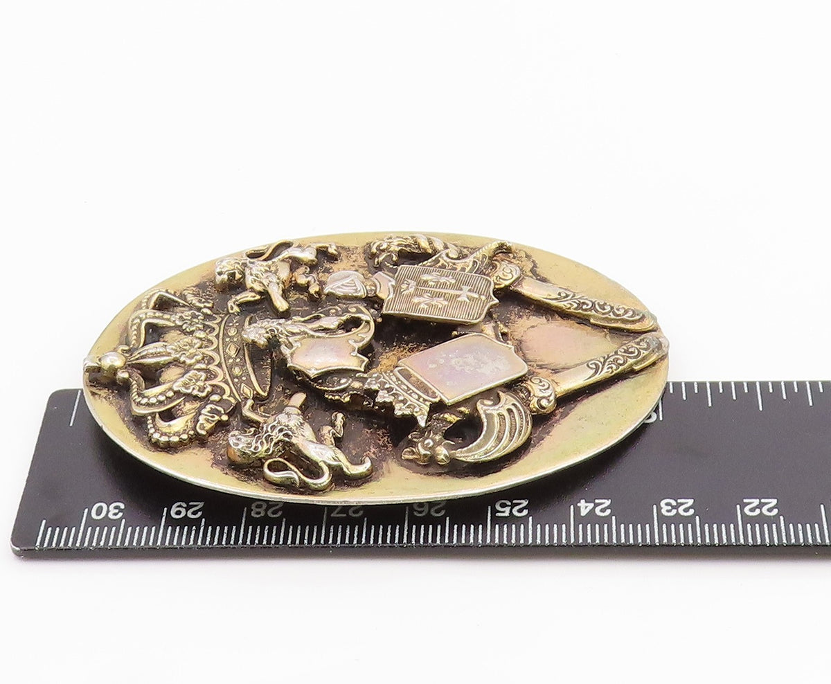 925 Sterling Silver Vintage Brooch Pin Regal Lion & Crown Shield Emblem  BP12476