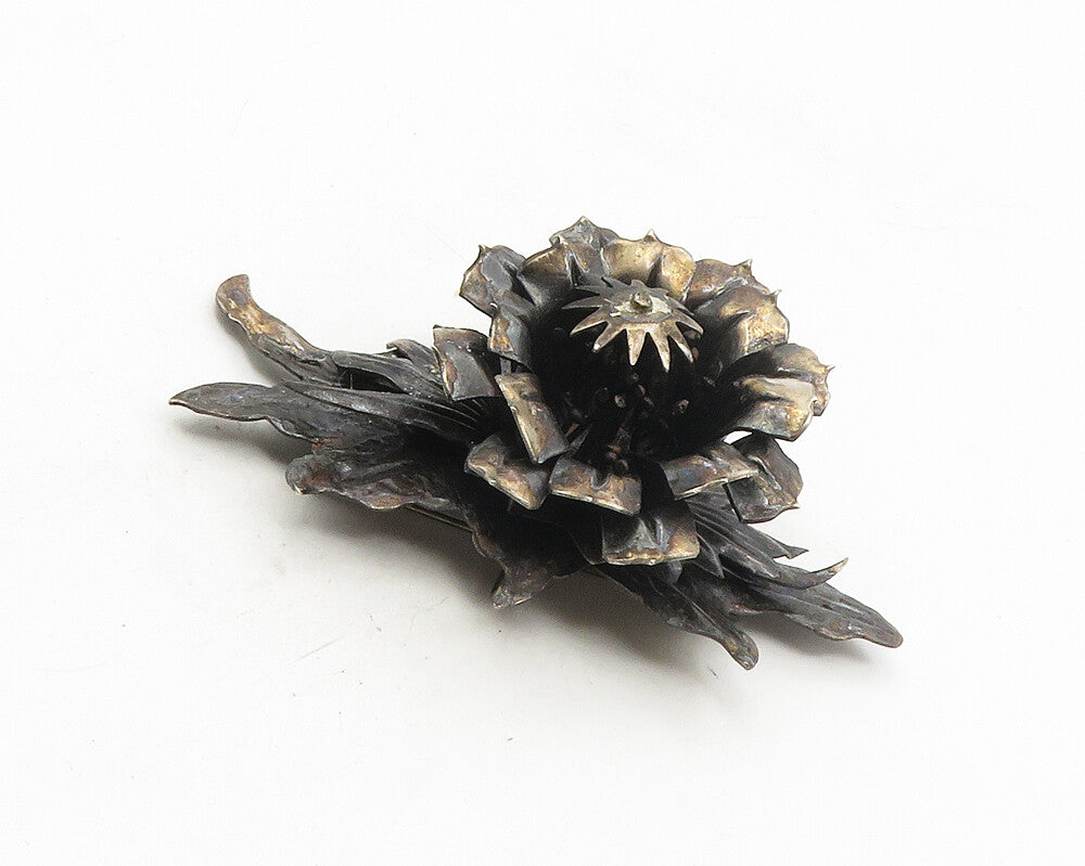 925 Sterling Silver  Vintage Antique Oxidized Flower Motif Brooch Pin  BP3942