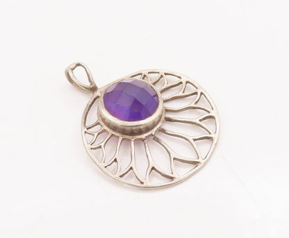 925 Sterling Silver Vintage Pendant Cutout Amethyst Round Flower  PT23296