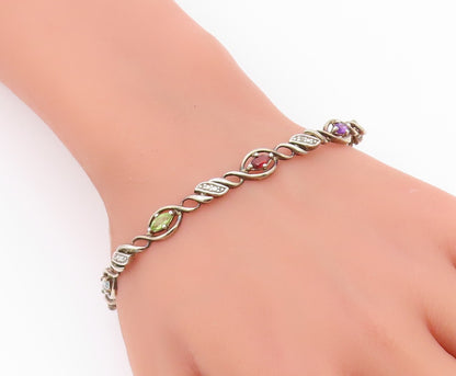 925 Sterling Silver Vintage Genuine Diamond & Multi Stone Chain Bracelet BT8314