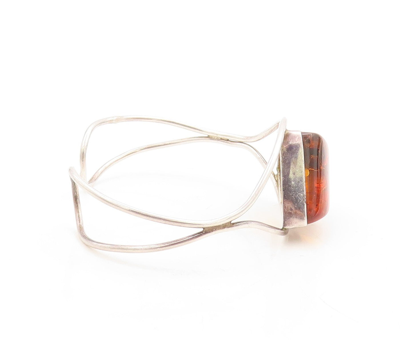 925 Sterling Silver Vintage Bracelet Designer Cutout Honey Amber Cuff  BT10943