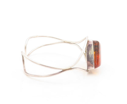 925 Sterling Silver Vintage Bracelet Designer Cutout Honey Amber Cuff  BT10943