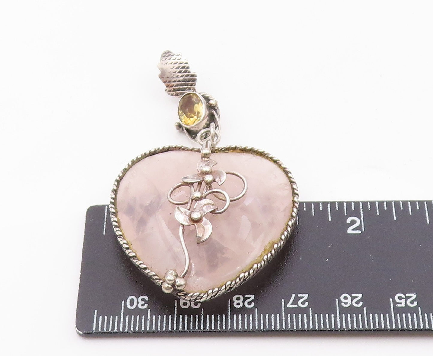 925 Silver  Vintage Rose Quartz Heart & Citrine Floral Vine Pendant  PT16762