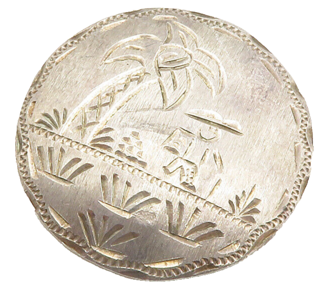 J.J.M. 925 Silver  Vintage Dark Tone Etched Palm Tree Scene Brooch Pin  BP4934