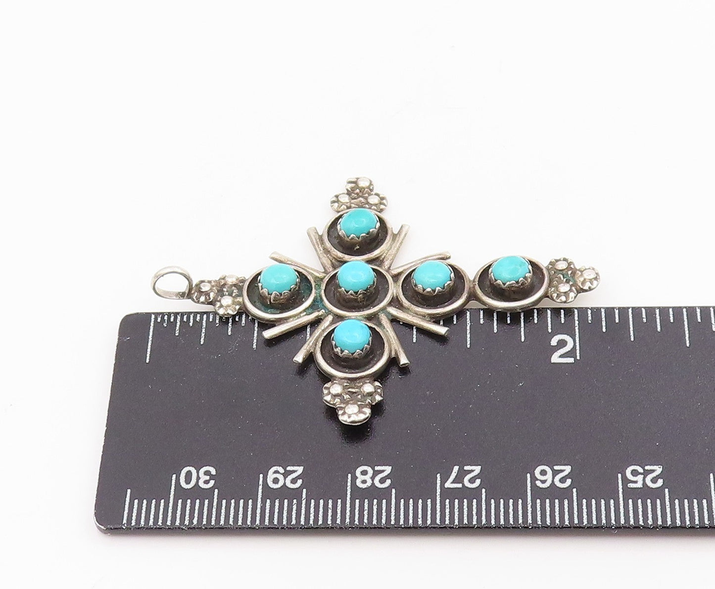 925 Sterling Silver Vintage Pendant NAVAJO ZUNI Round Turquoise Cross  PT25670