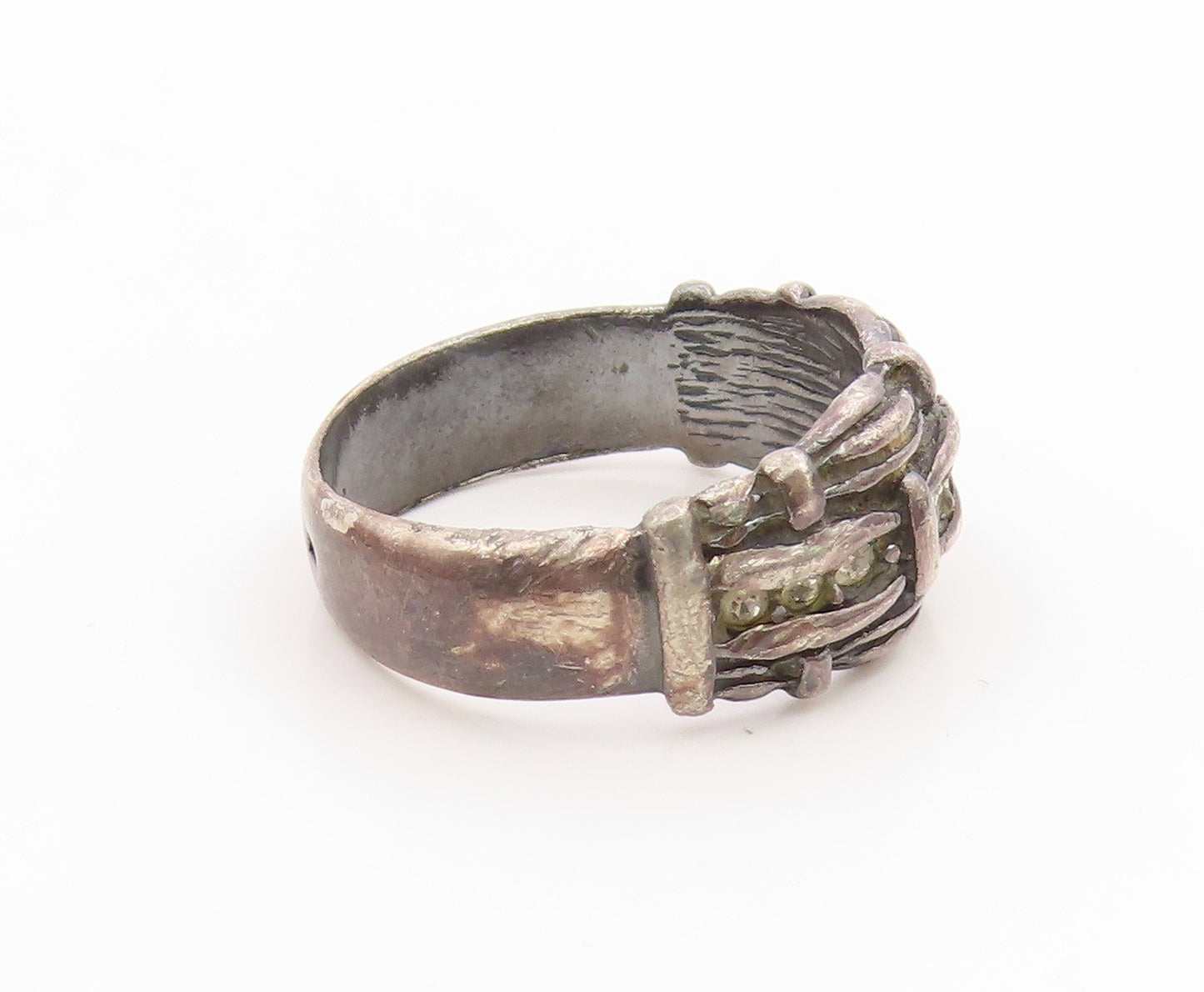 925 Sterling Silver Vintage Ring POLAND Topaz Etched Tree Bark Band Sz 9 RG35781