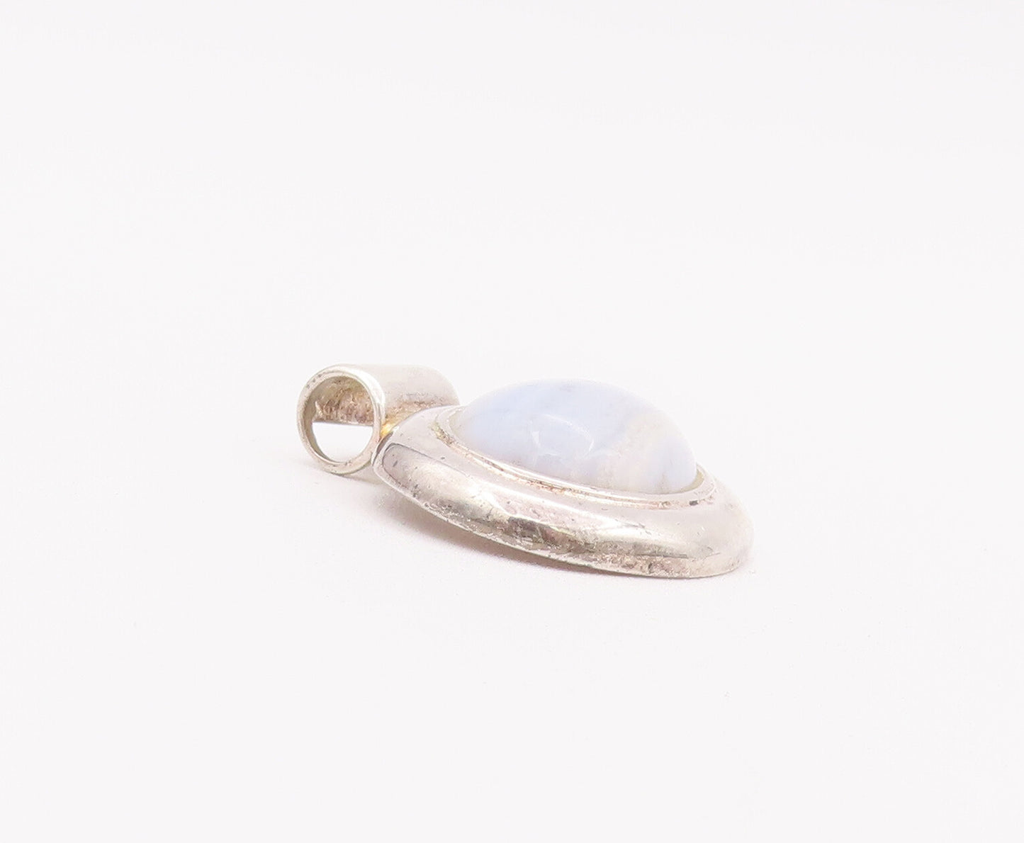925 Sterling Silver Vintage Pendant Oval Cabochon Blue Laced Agate  PT22808