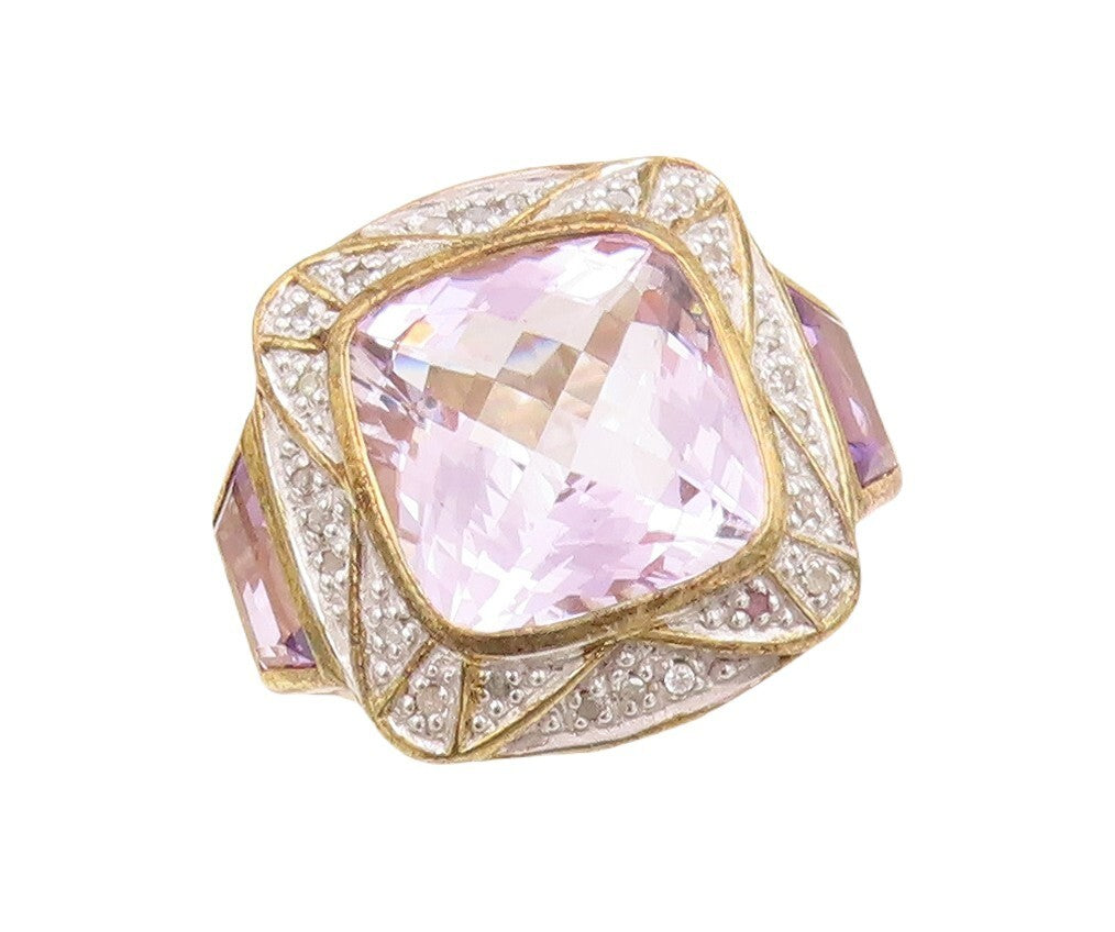 925 Sterling Silver Vintage Ring Gold Plated Diamonds & Amethyst  Sz 7.5 RG30626