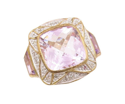 925 Sterling Silver Vintage Ring Gold Plated Diamonds & Amethyst  Sz 7.5 RG30626