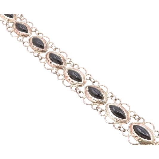 925 Silver  Vintage Open Circle Edge Marquise Black Onyx Chain Bracelet BT9559