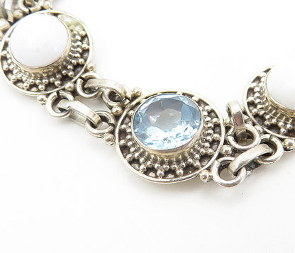 925 Sterling Silver  Vintage Blue Topaz & White Agate Chain Bracelet  BT3617
