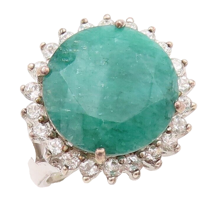 925 Sterling Silver Vintage Ring Round Green Gemstone Halo Topaz  Sz 7  RG29272