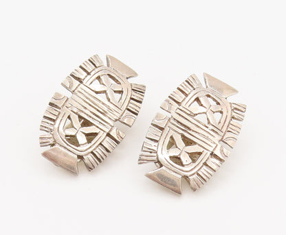 925 Sterling Silver Vintage X Detail & Cutout Edge Clip Back Earrings EG12356