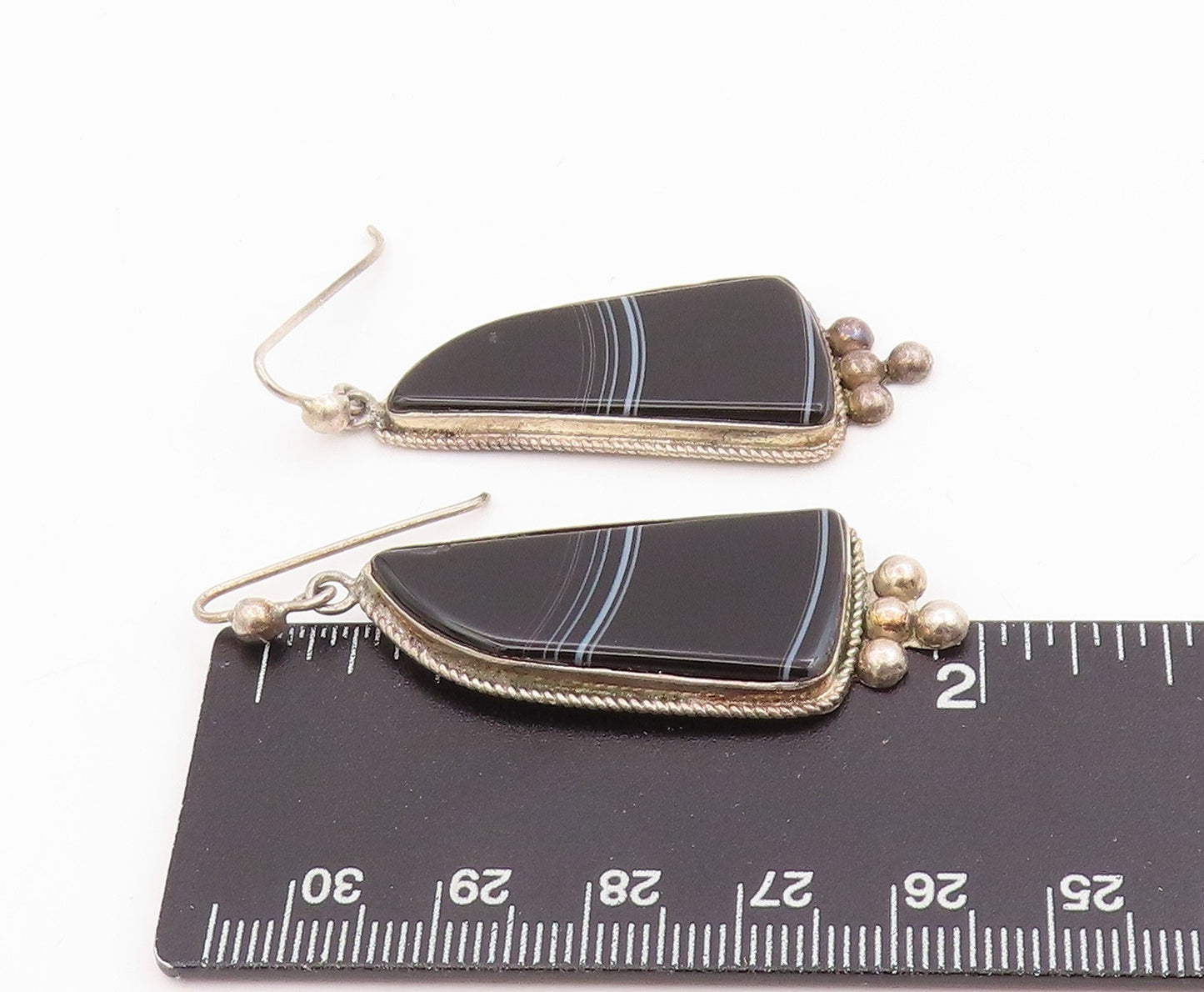 925 Sterling Silver Vintage Earrings Black Agate Beaded Geometric Dangle EG14000