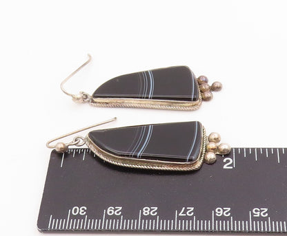 925 Sterling Silver Vintage Earrings Black Agate Beaded Geometric Dangle EG14000
