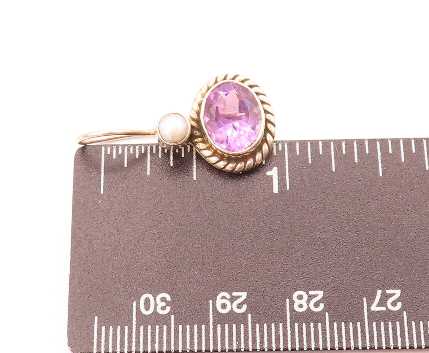 925 Sterling Silver  Vintage Amethyst Halo Roped Pearl Drop Earrings  EG12488