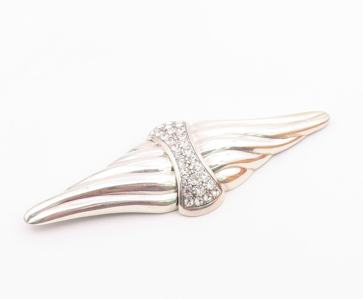 925 Silver  Vintage Ribbed Wings & Rhinestones Cluster Brooch Pin  BP10008