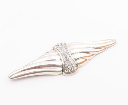 925 Silver  Vintage Ribbed Wings & Rhinestones Cluster Brooch Pin  BP10008