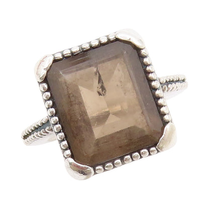 925 Sterling Silver Vintage Ring Rectangle Smoky Quarts Heart Cut  Sz 5  RG31810