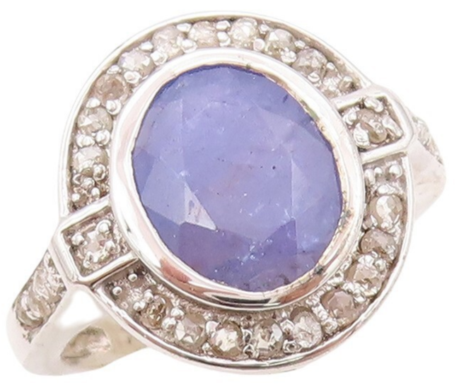 925 Sterling Silver Vintage Ring Oval Tanzanite Halo Diamonds  Sz 7  RG30182