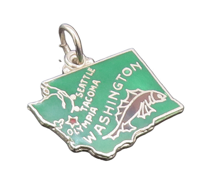 925 Sterling Silver Vintage Pendant Green Enameled Mini Washington Map  PT22689
