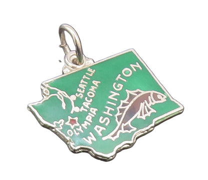 925 Sterling Silver Vintage Pendant Green Enameled Mini Washington Map  PT22689