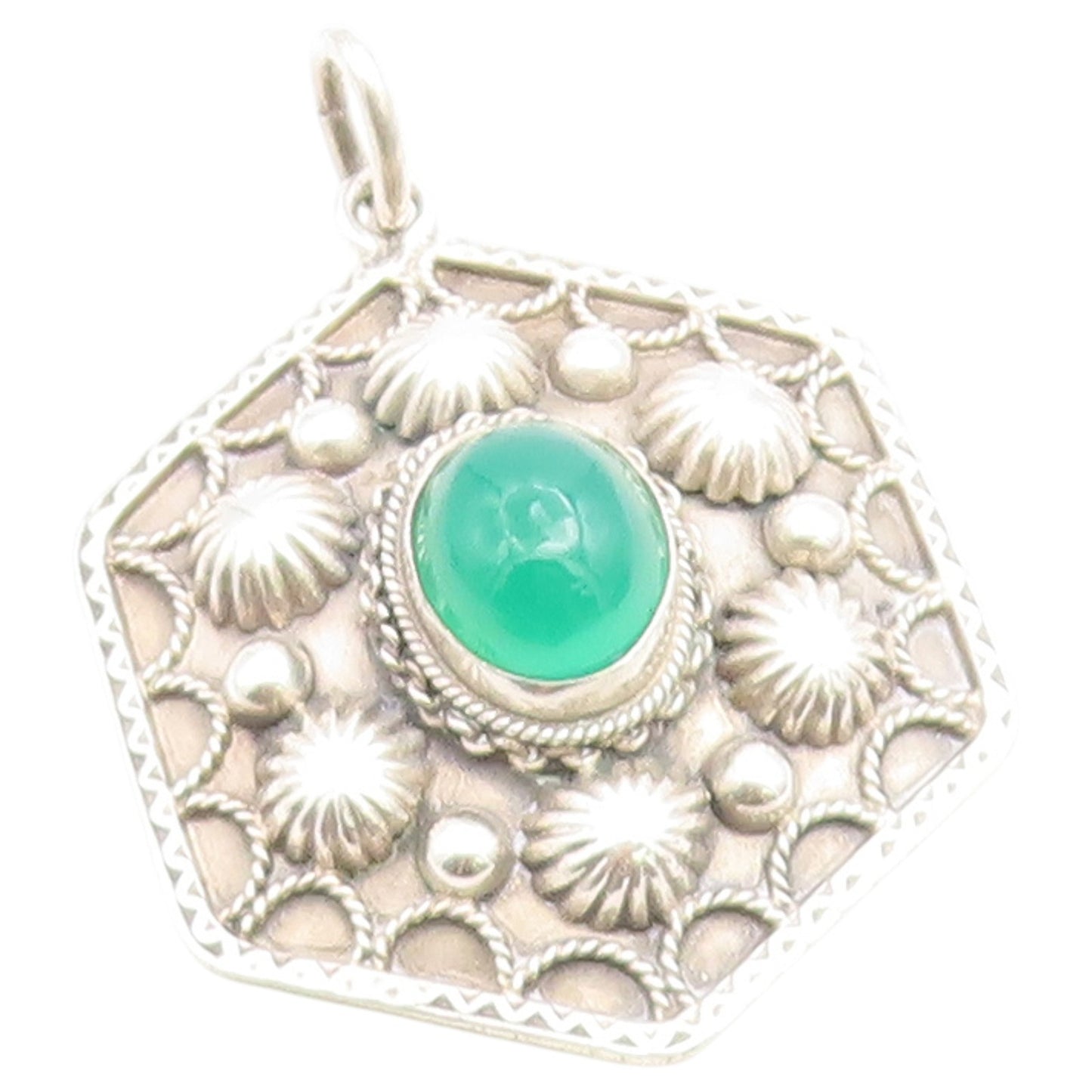 925 Sterling Silver Vintage Pendant Chalcedony Geometric Hexagon Charm  PT26532