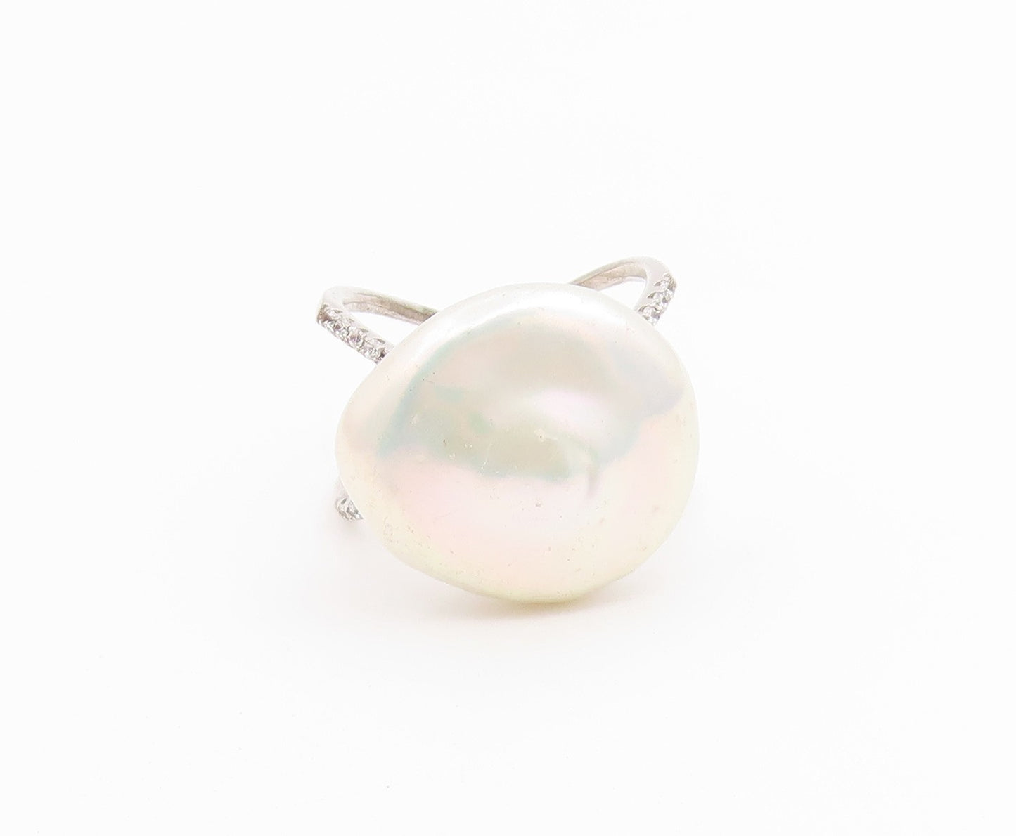925 Sterling Silver Vintage Ring Modernist Pearl Split Shank  Sz 6.5  RG36744
