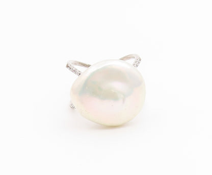 925 Sterling Silver Vintage Ring Modernist Pearl Split Shank  Sz 6.5  RG36744