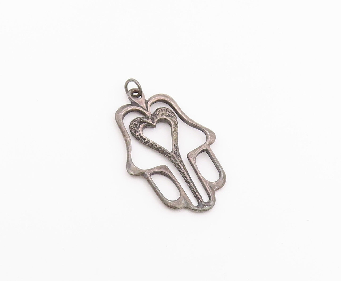 925 Sterling Silver Vintage Pendant Modernist Open Hamsa Heart Charm  PT26382