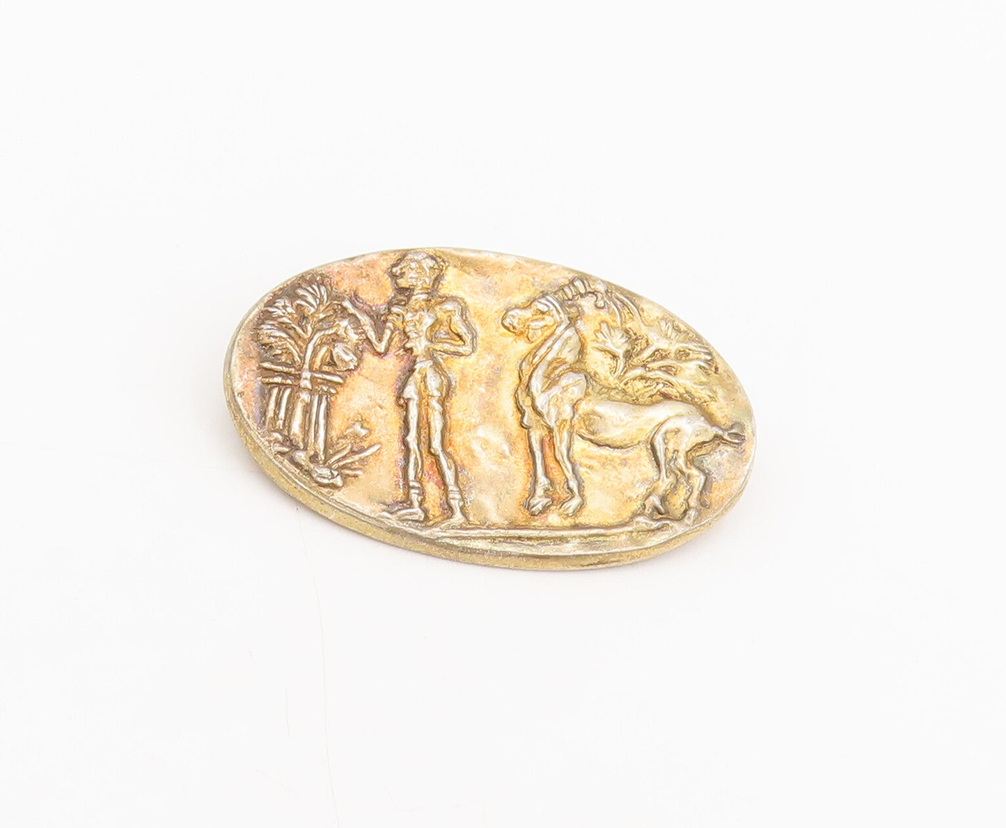 925 Sterling Silver  Vintage Carved Man Tree Horse Oval Brooch Pin  BP10341