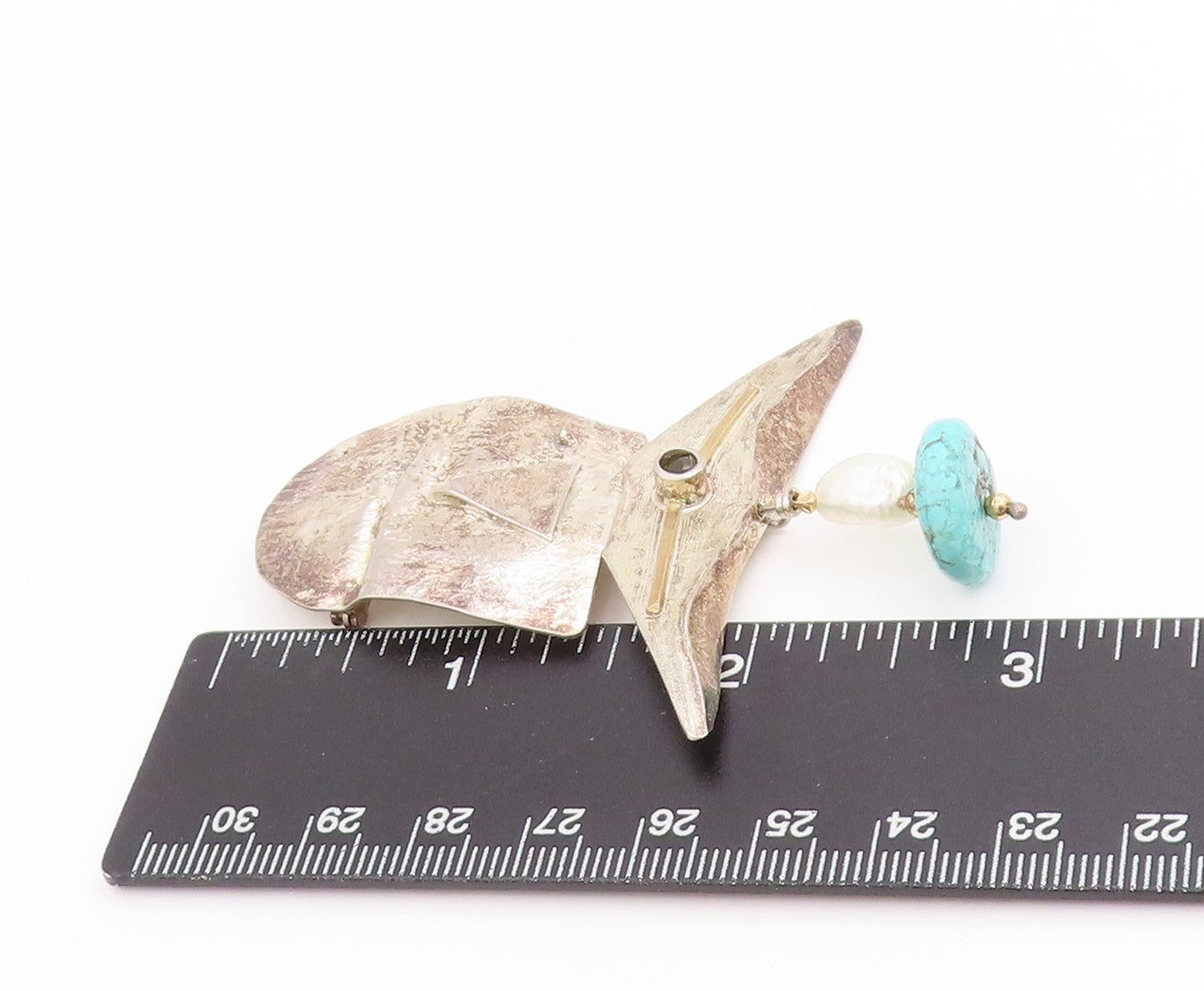14k Gold & 925 Sterling Silver Vintage Brooch Modernist Turquoise Drop  BP12213