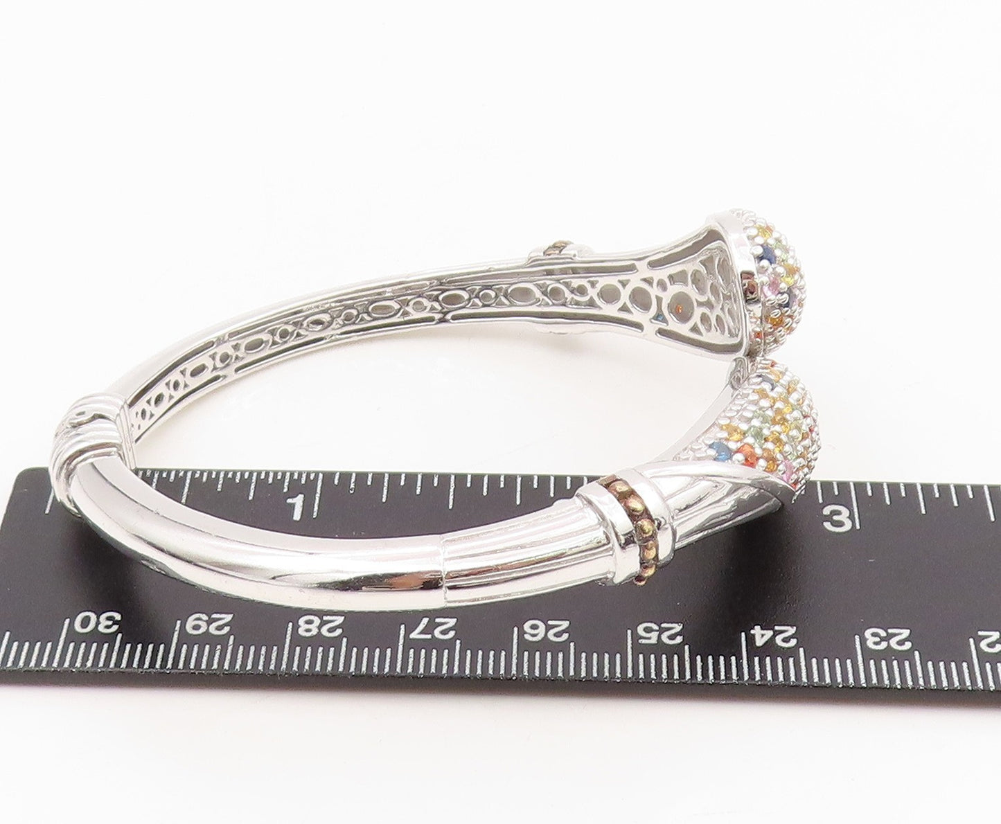 925 Sterling Silver Vintage Bracelet Multi Gemstone Solid Bypass Bangle  BT11607