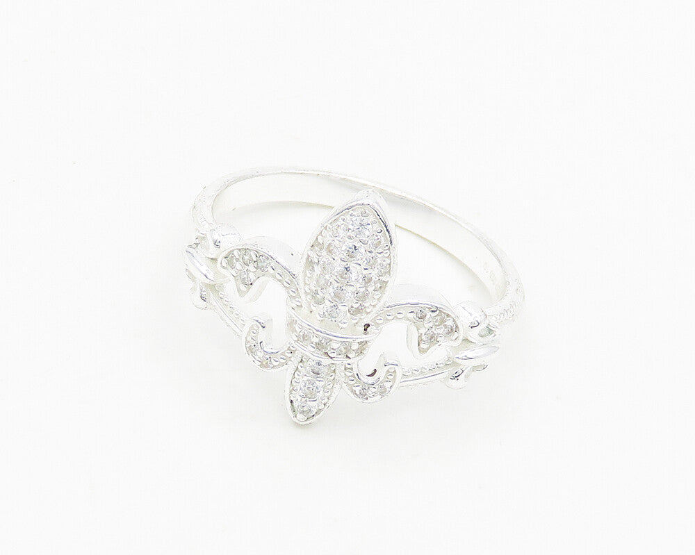 925 Sterling Silver  Shiny White Topaz Fleur De Lis Band Ring Sz 10  RG18657